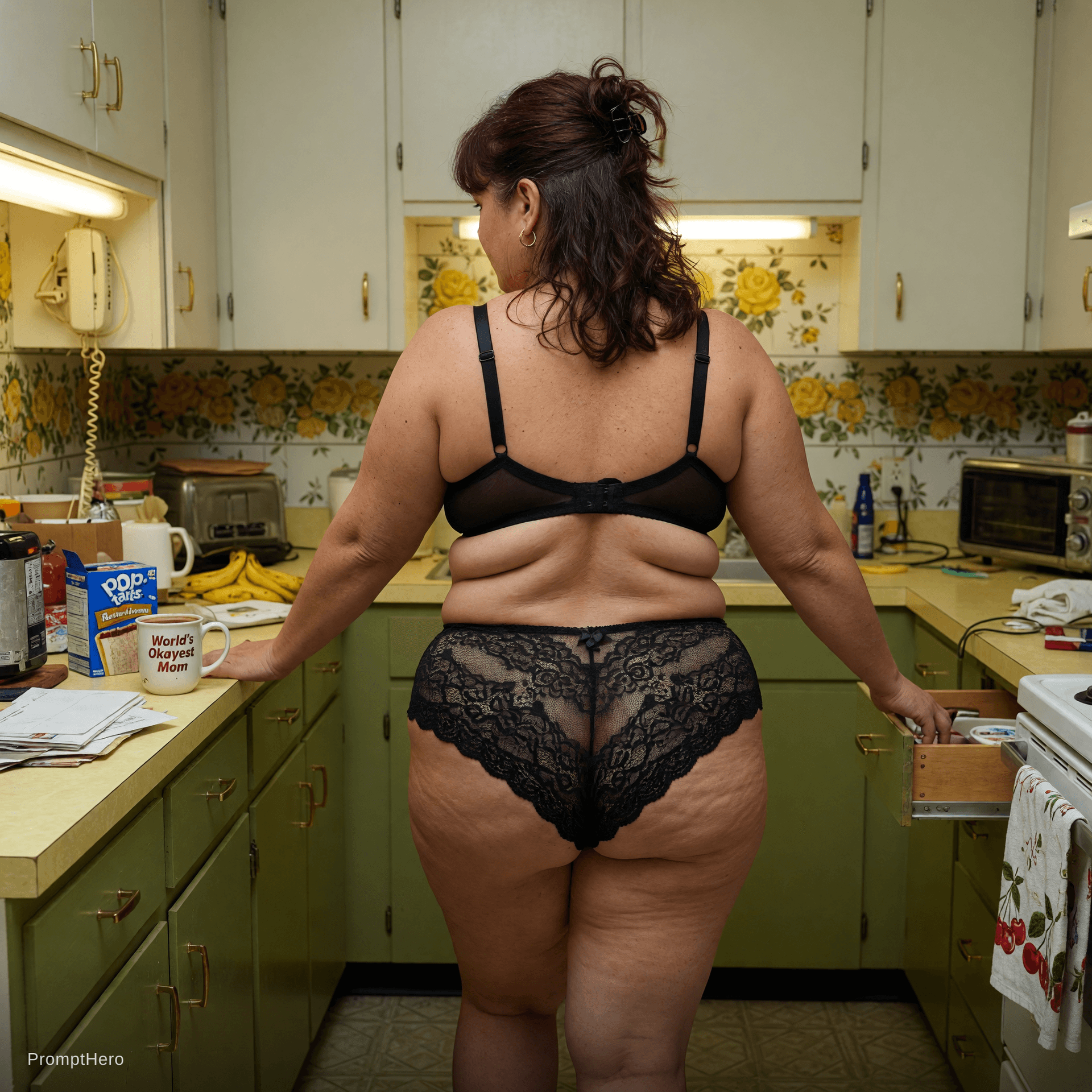AI generated: Wide shot: A 45-year-old woman with a full-figured, curvaceous physique (large bust and full hips) s...