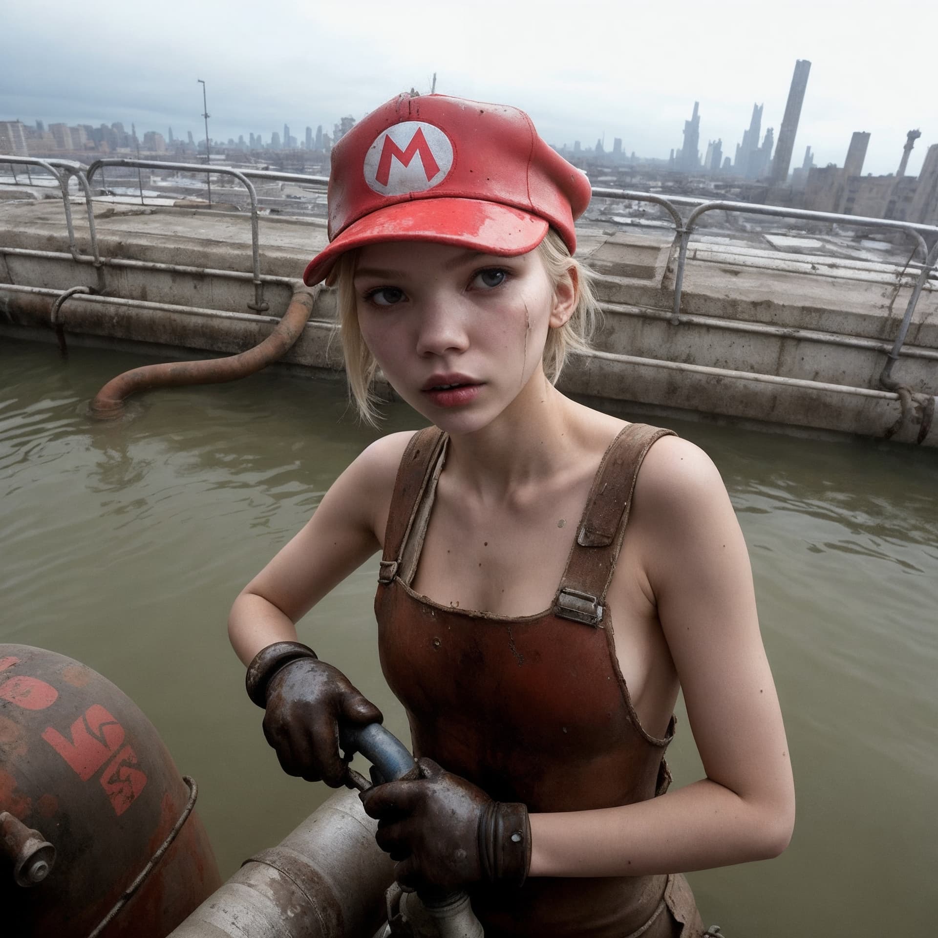 AI generated: glitch art by Guy Denning, a girl sasha luss dressed as mario from nintendo, dystopian city in the b...