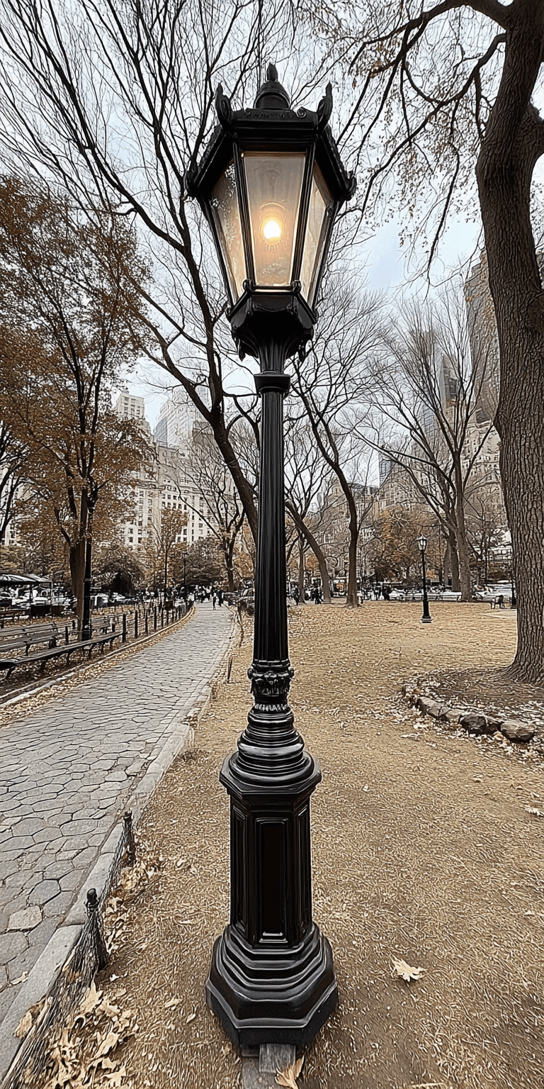 AI generated: a black lamppost with a yellow light stands in the middle of Central Park, New York City, an oak tre...