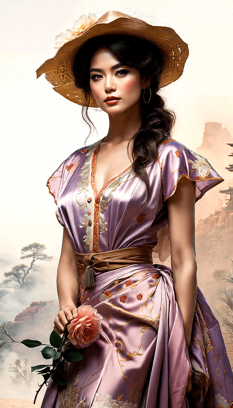 AI generated: The image features a beautiful woman wearing a pink kimono and a hat. She is holding a rose in her h...