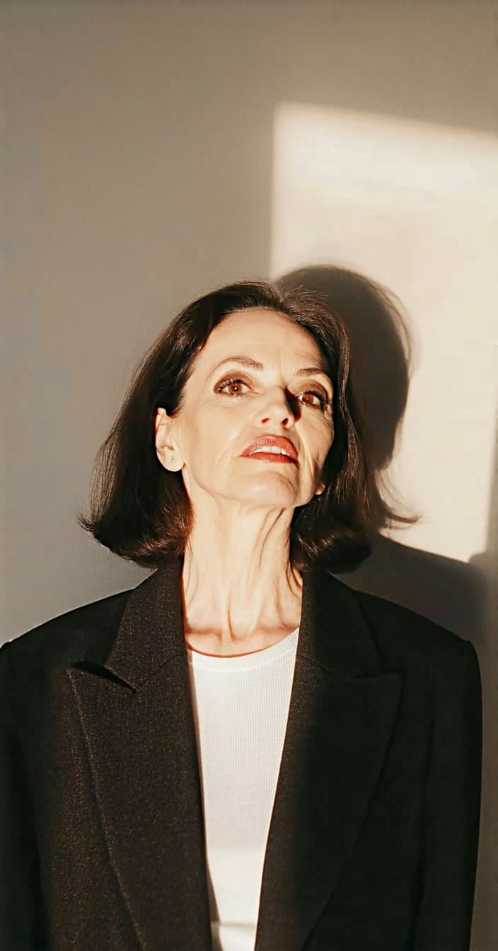 AI generated: Photograph of a woman naked, looking straight ahead, slight head tilt, relaxed posture, soft lightin...