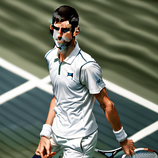 AI generated: Tennis player Novak Djokovic stands on the Center Court at Wimbledon, dressed in a white tennis outf...