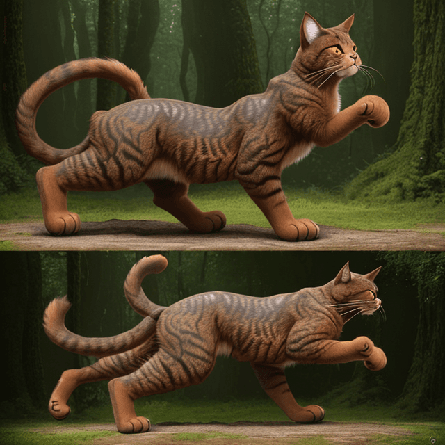 AI generated: side view of a nice, wise, giant brown cat dancing on rare paws in a  prehistoric forest,  side view...