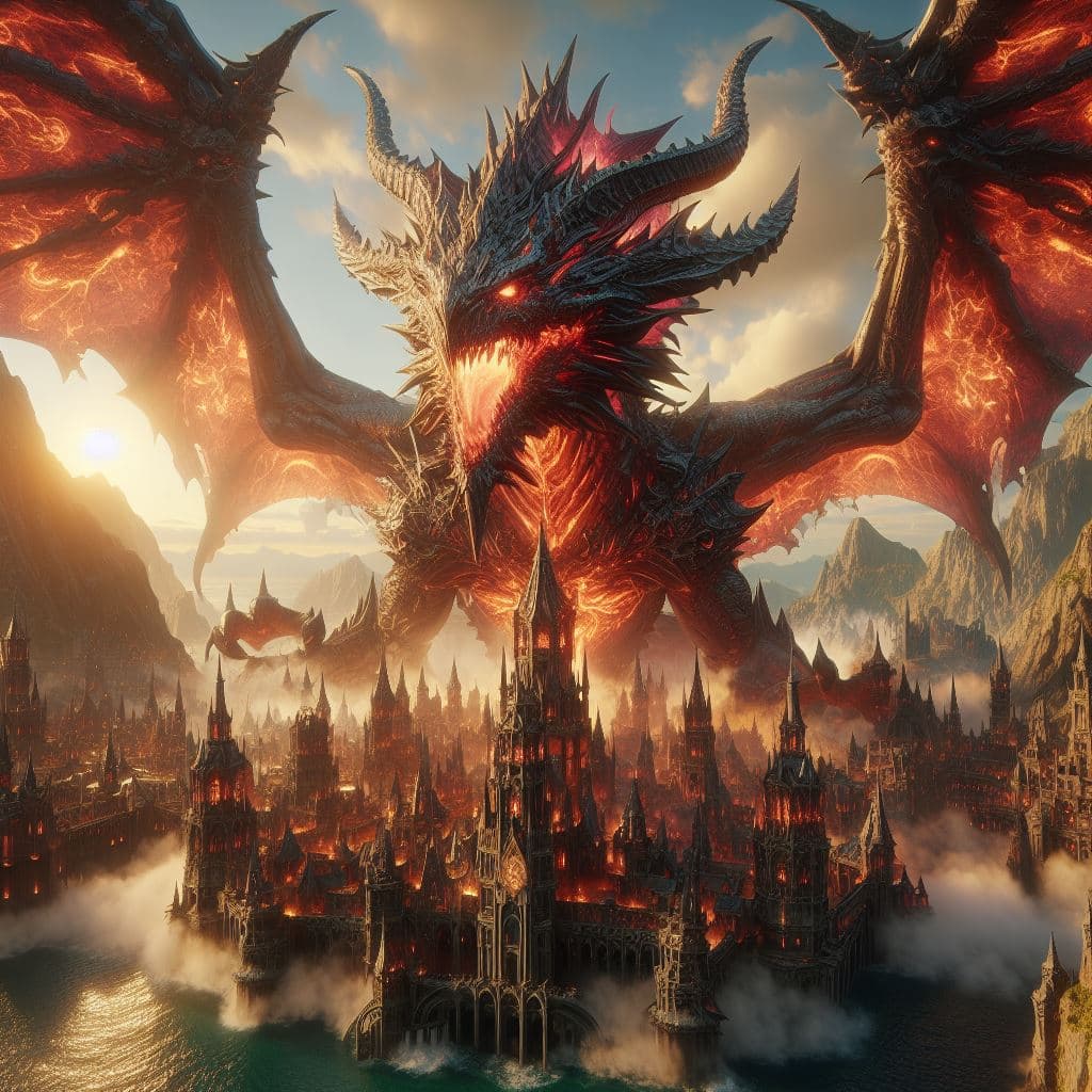 AI generated: fantasy giant deathwing magma dragon above a fortified city, photorealistic, octane render, unreal e...