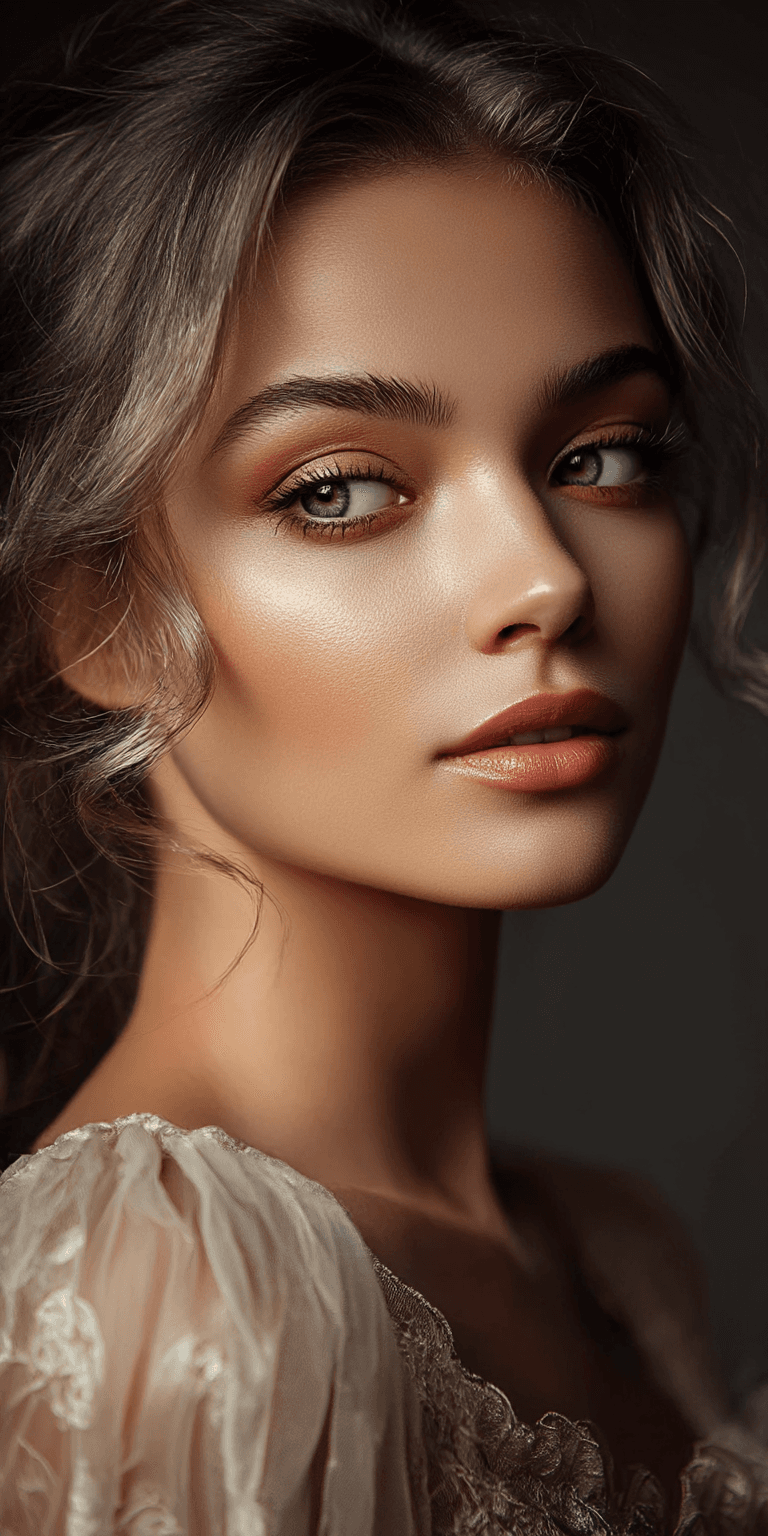 AI generated: Portrait photograph in dark moody lighting, dramatic side angle, striking green eyes, flawless glowi...