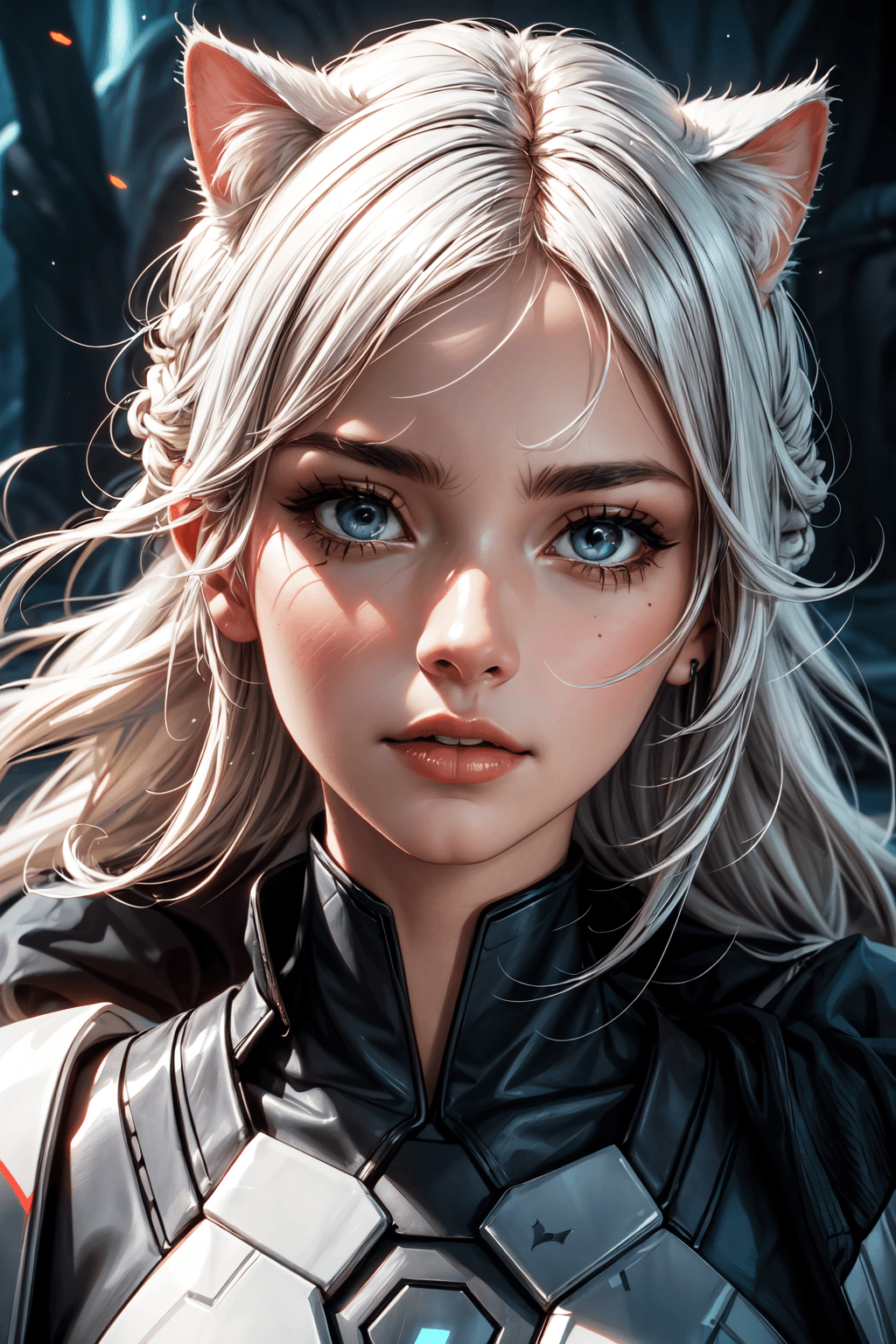 AI generated: female Sith lord from STAR WARS, white hair, cat ears, beautiful face, detailed face, hyperdetailed,...