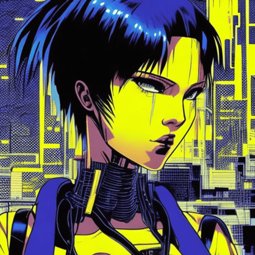 AI generated: early techno rave music inspired by ghost in the shell, 90s manga aesthetic, expressive face, yellow...