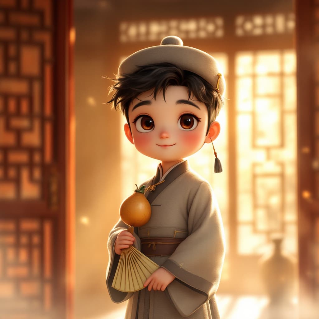 AI generated: A cute ancient Chinese boy with a round, rosy face, wearing a small cap and a gray traditional robe,...