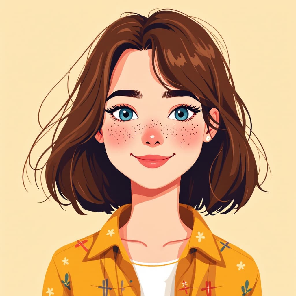 AI generated: A flat illustration of 1 young adult woman with medium-length brown hair, blue eyes, freckles, smili...
