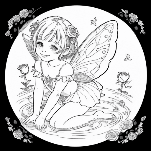 AI generated: Fairy, coloring page, a little fairy girl, with smiling eyes, sweet smile, short hair, playing in th...