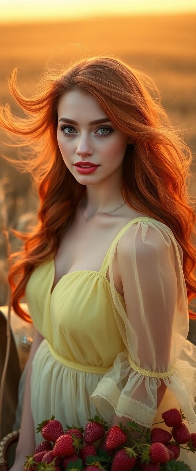 AI generated: "High-resolution full-body vertical portrait. Cinematic style, redhead supermodel, fair skin, detail...