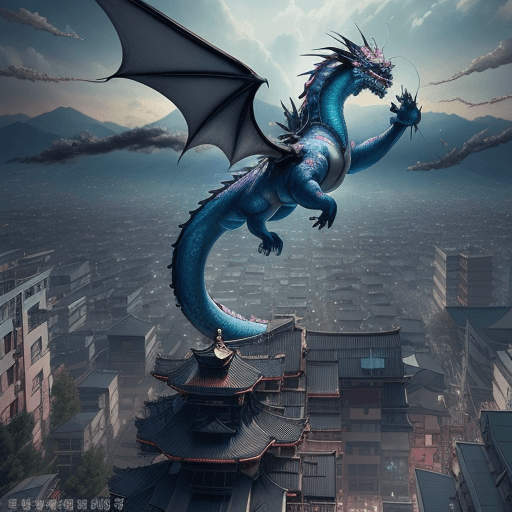 AI generated: Kyoto Animation stylized anime mixed with tradition Chinese artworks~ A dragon flying at modern cybe...