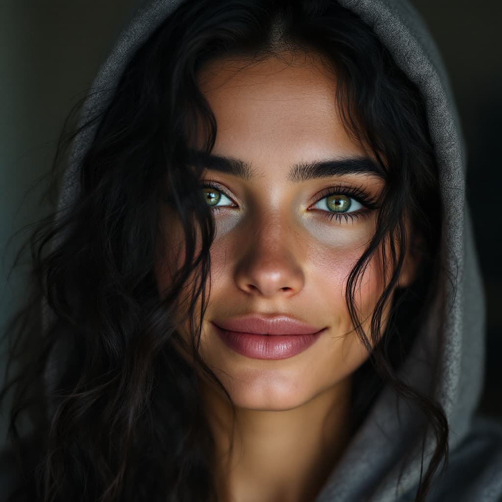 AI generated: Hyper realistic eye medium camera shot of a caucasian tanned 25 year old woman with very green eyes ...