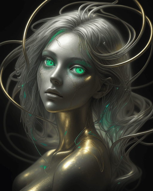 AI generated: Imaginative picture taken from above, beautiful  model with green eyes, golden wet skin, shiny hair ...