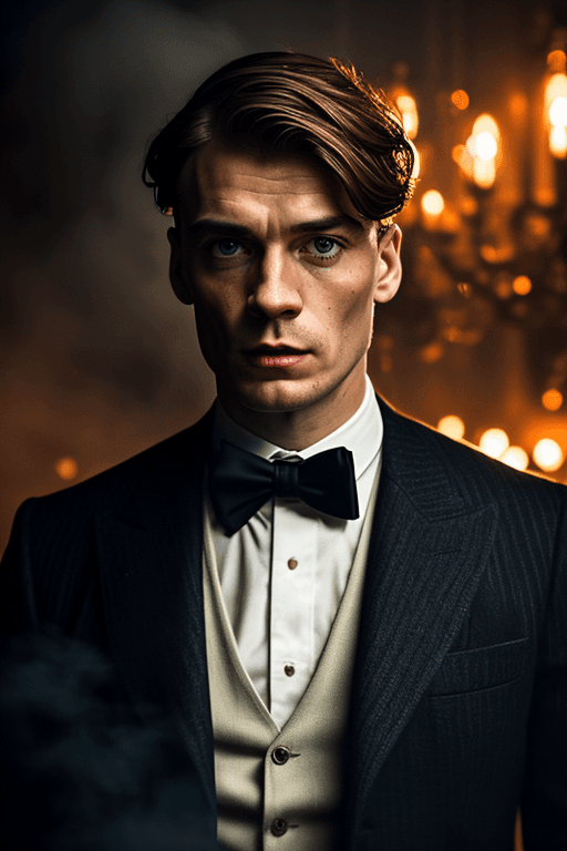 AI generated: mj, an atmospheric and dramatic (close up portrait:1.2) of Thomas Shelby, from Peaky Blinders, stand...