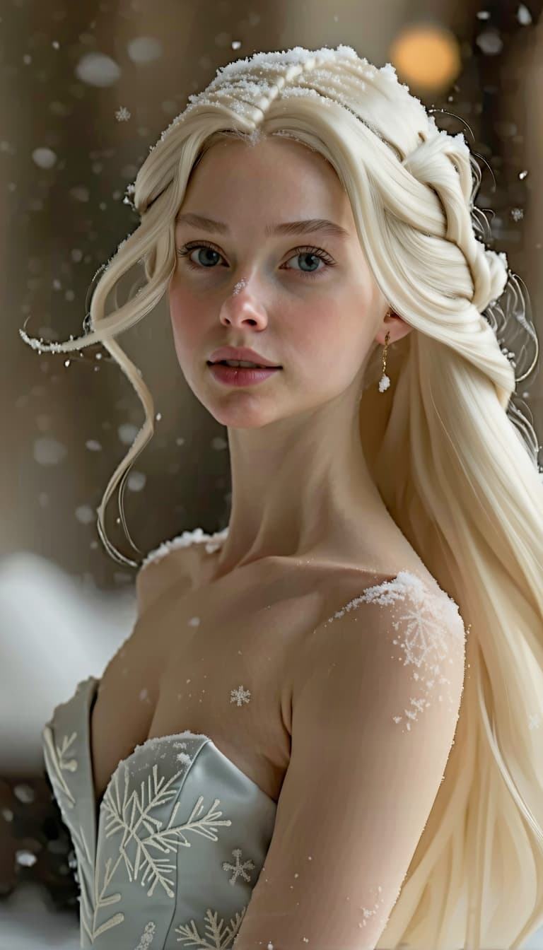 AI generated: Elsa, with her icy blonde hair and regal demeanor, poses gracefully in delicate lace lingerie. The p...