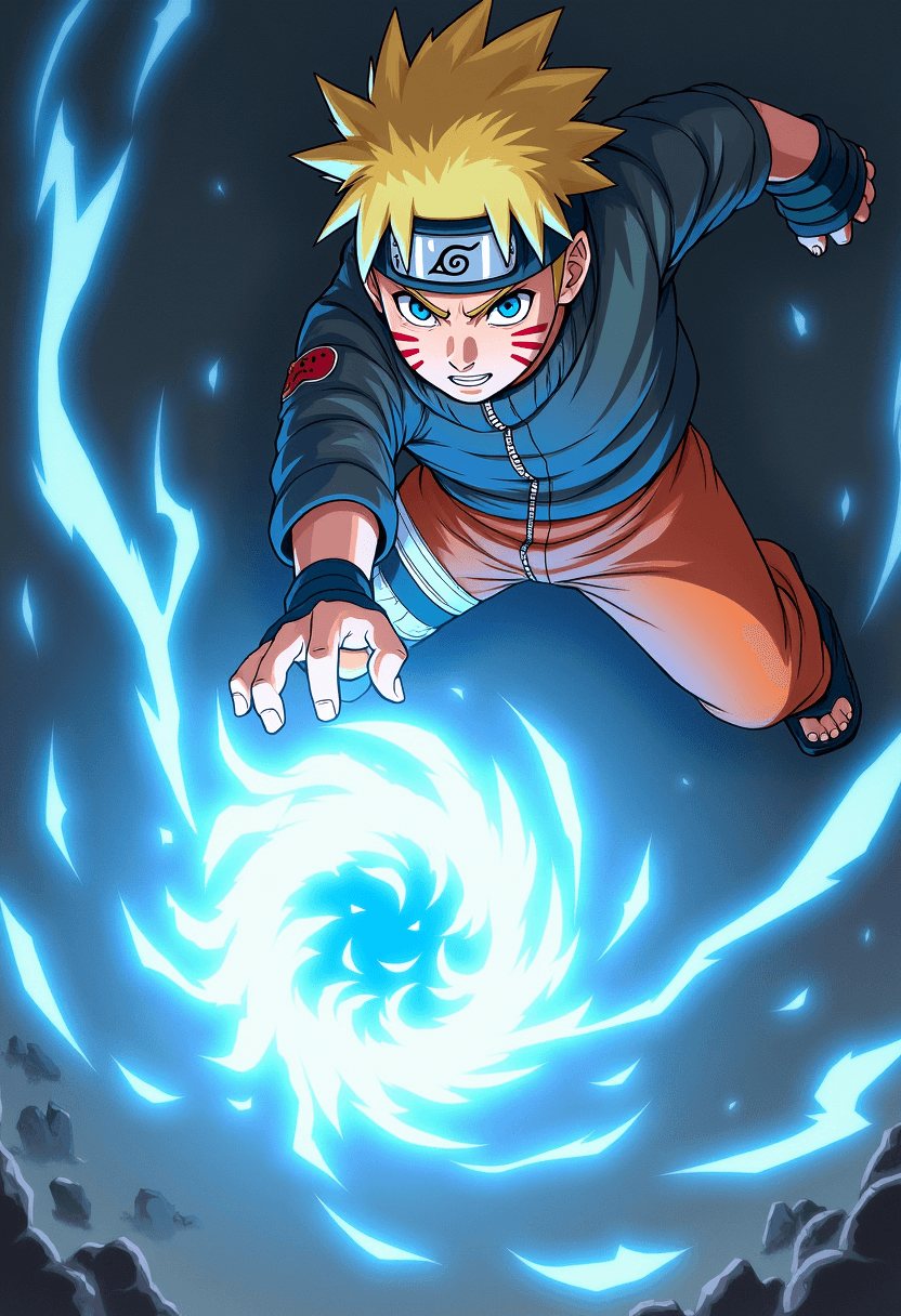 AI generated: Create a dynamic and action-packed anime-style illustration featuring a young ninja, Naruto, in mid-...