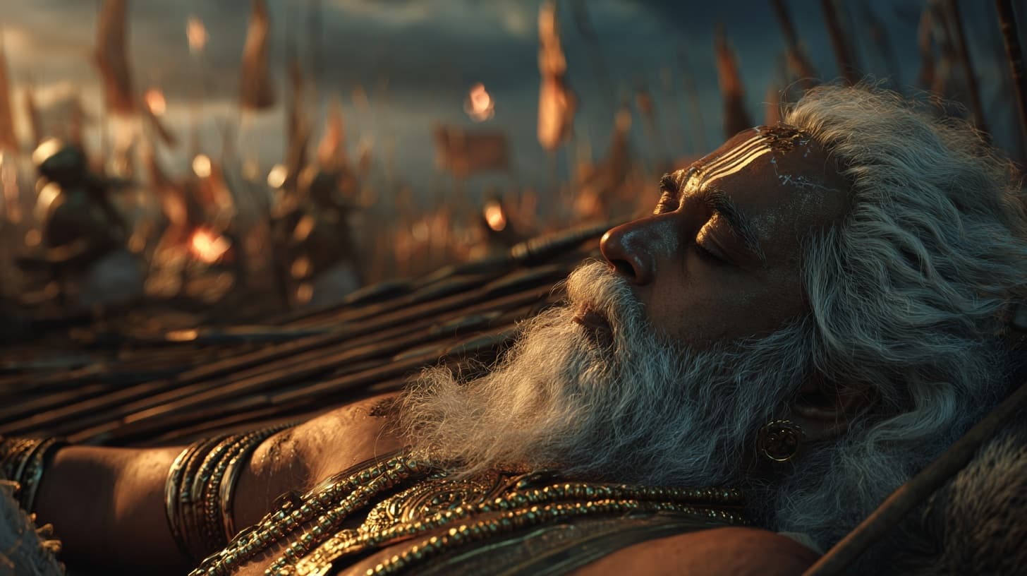 AI generated: Hyperrealistic wide angle shot with Canon Cinema EOS C500 lens 85mm prime, from Mahabharatha, Bhishm...