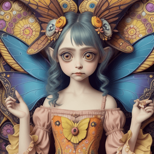 AI generated: A whimsical and detailed artwork of an adorable fairy with big eyes, dressed in vibrant attire adorn...