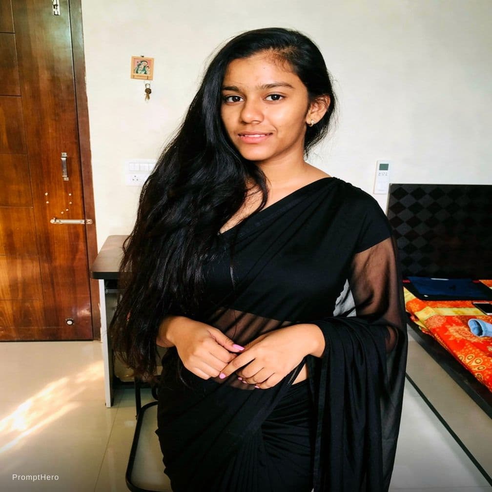 AI generated: Hot girl in black saree, naughty face, huge cleavage, natural skin tone, looking at the viewer, sexy...