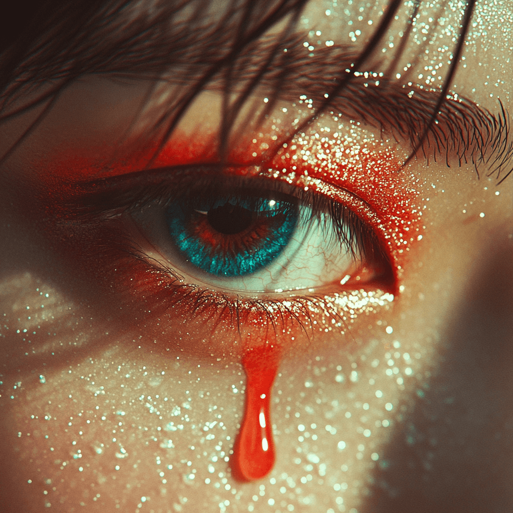 AI generated: 
closeup fashion photo of an asian female fashion model's eye with red eyeshadow, red tear is dripp...