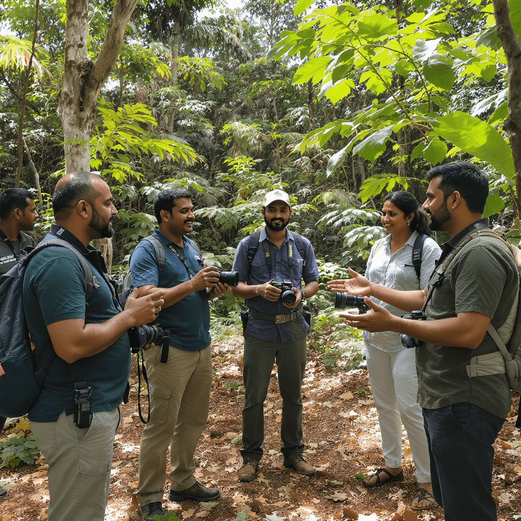 AI generated: A wide-angle 4K image of a small group of 5–6 adults (men and women) in a forest clearing in Kerala,...