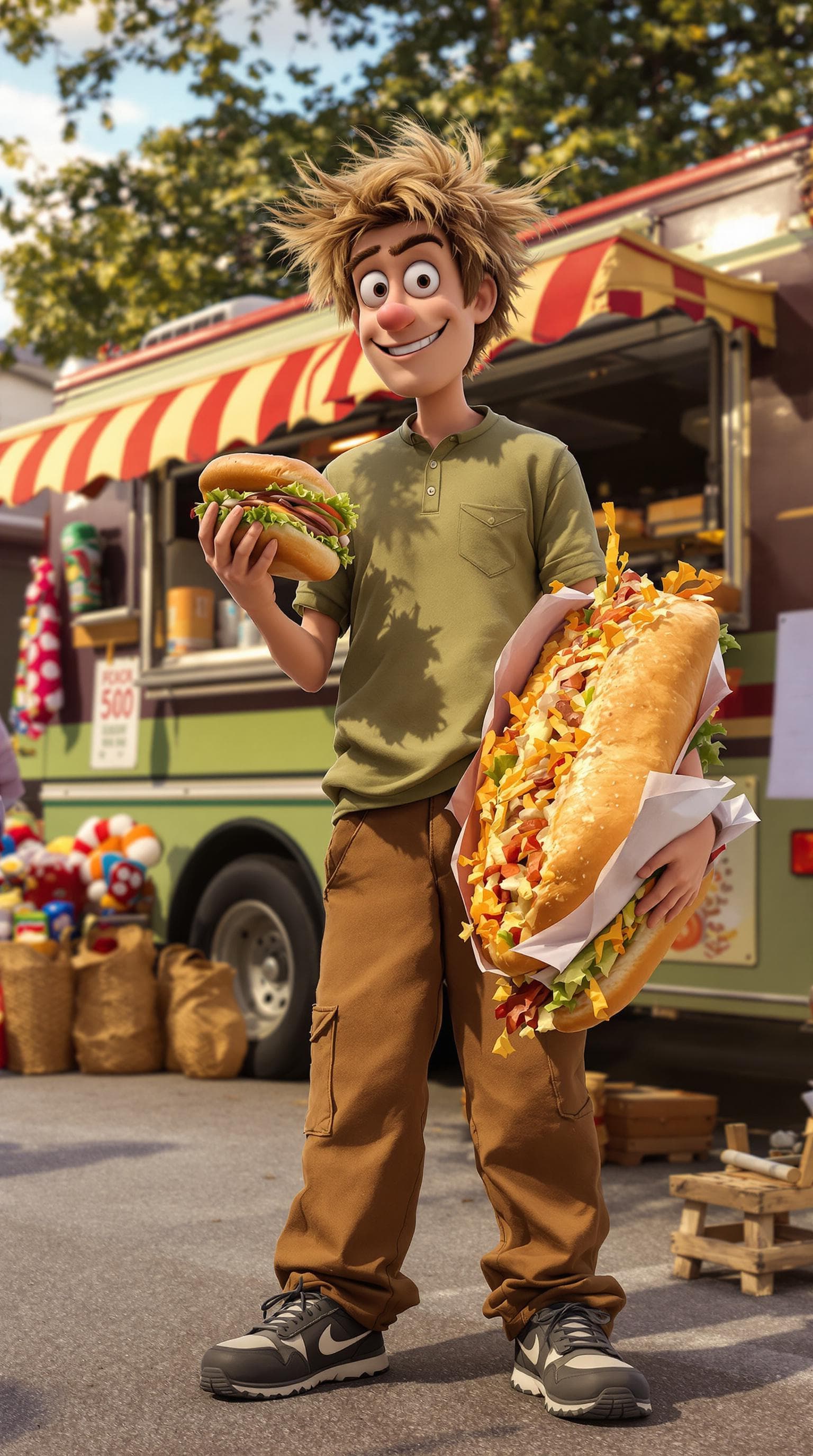 AI generated: A hyper-realistic image of a lanky food critic inspired by Shaggy Rogers from Scooby Doo; characteri...