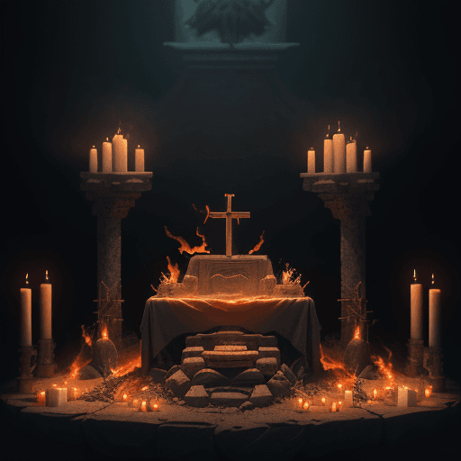 AI generated: Dystopian, High Detail RAW color Photo, Full Shot, of an altar with a sacrifice on it and fire comin...