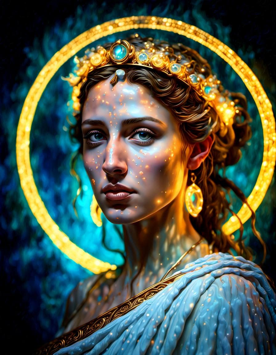 AI generated: portrait of beautiful greek goddess, cold complimentary colors, detailed painting, renaissance paint...