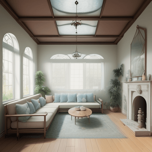 AI generated: High resolution photography interior design, dreamy sunken living room conversation pit, wooden floo...