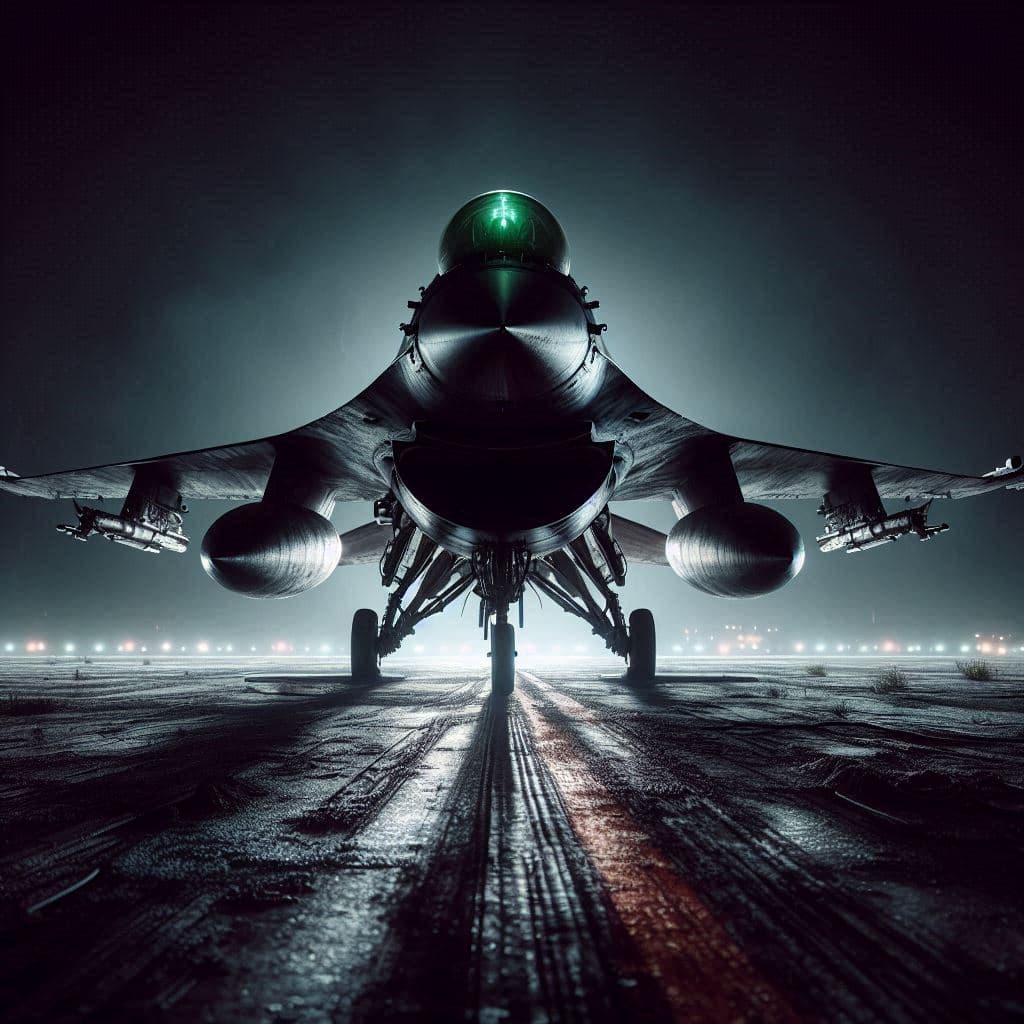 AI generated: Dramatic low angled portrait of a tall F16 fighter jet, stand by on a dense rough runway- mottled de...