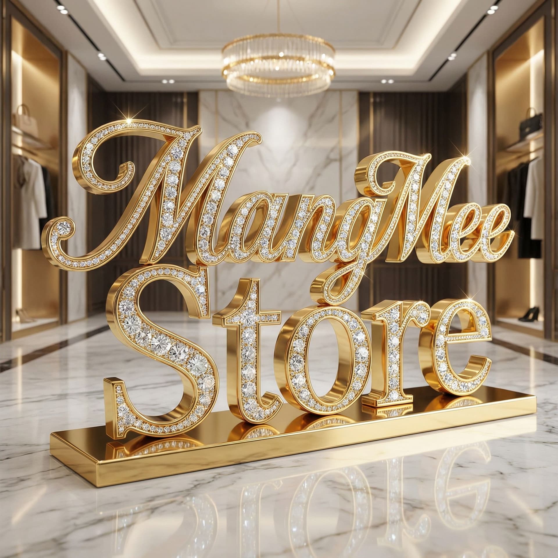 AI generated: สร้างชื่อ"MangMee Store"สีทองคำเงางาม ตัวหนังสือสวยสง่าระยิบระยับ เป็น 3D สมจริง ตั้งเรียงหน้าตรงที่...