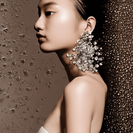 AI generated: Fashion photography jewelry,  style Alexander Mcqueen model, she is wearing same earrings made of dr...
