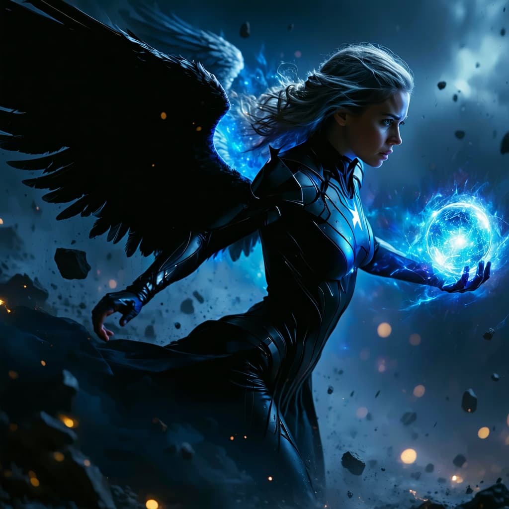 AI generated: A woman takes flight, angelic and supranatural, she is both superhero and villainess driven by cosmi...