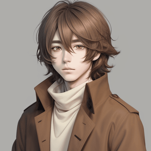 AI generated: anime, brown shoulder length shaggy hair, pale, eyebags, brown coat, eyeless