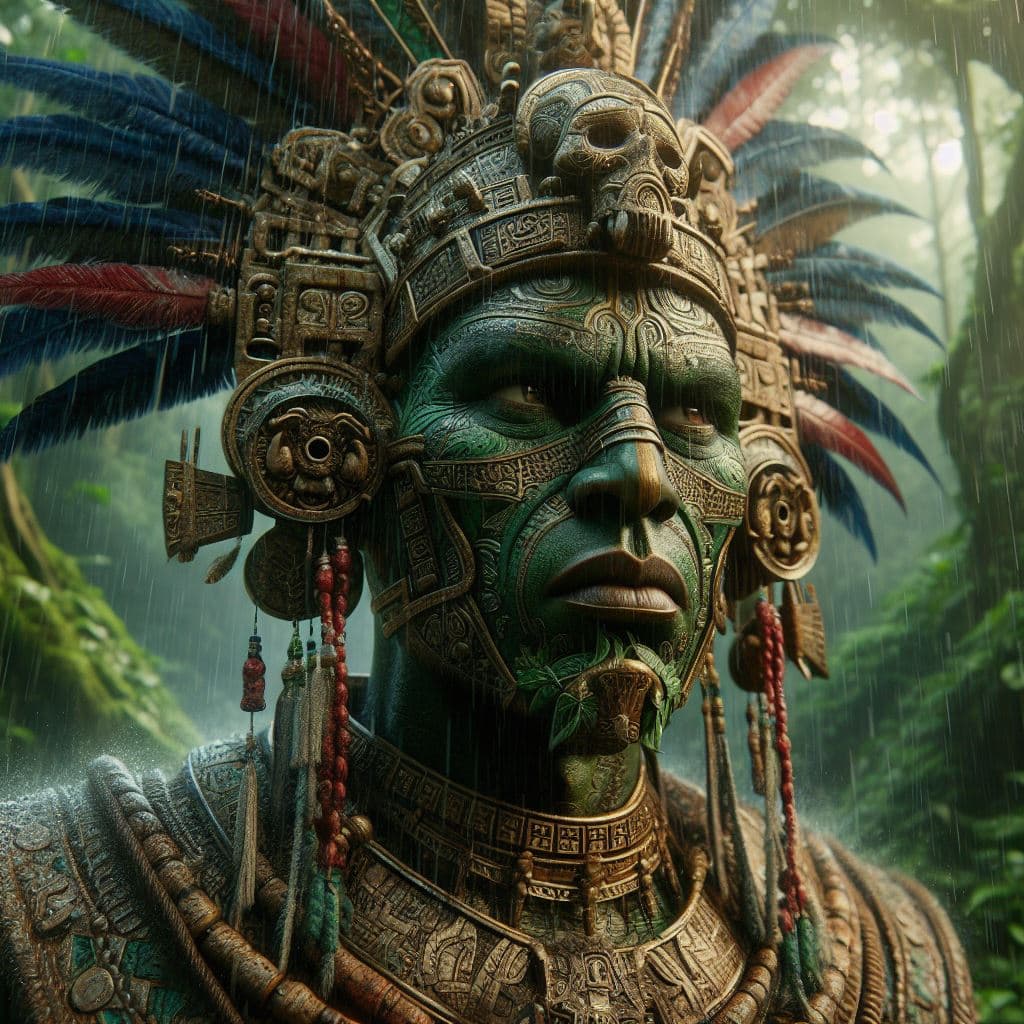 AI generated: Create a hyper-realistic portrait of the Mayan god Chaac, surrounded by a lush and verdant jungle. U...