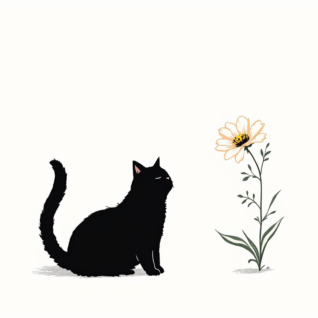 AI generated: black  Cat and flower in a Takeshi Kitano style, in a minimalist and humorous setting, simple and st...