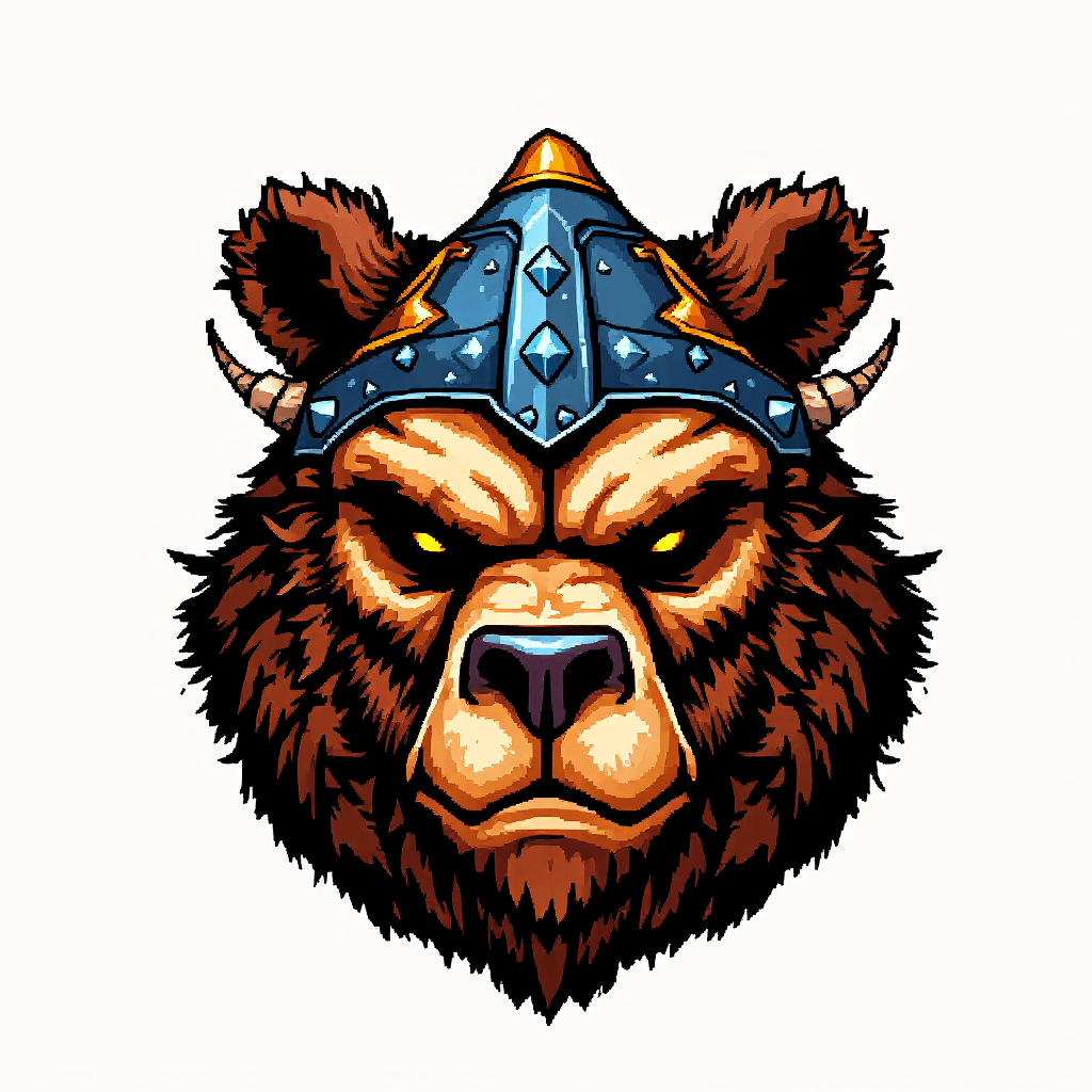 AI generated: Create a pixel art sprite of an orc helmet, made from a bear head and leather. It will be used as an...