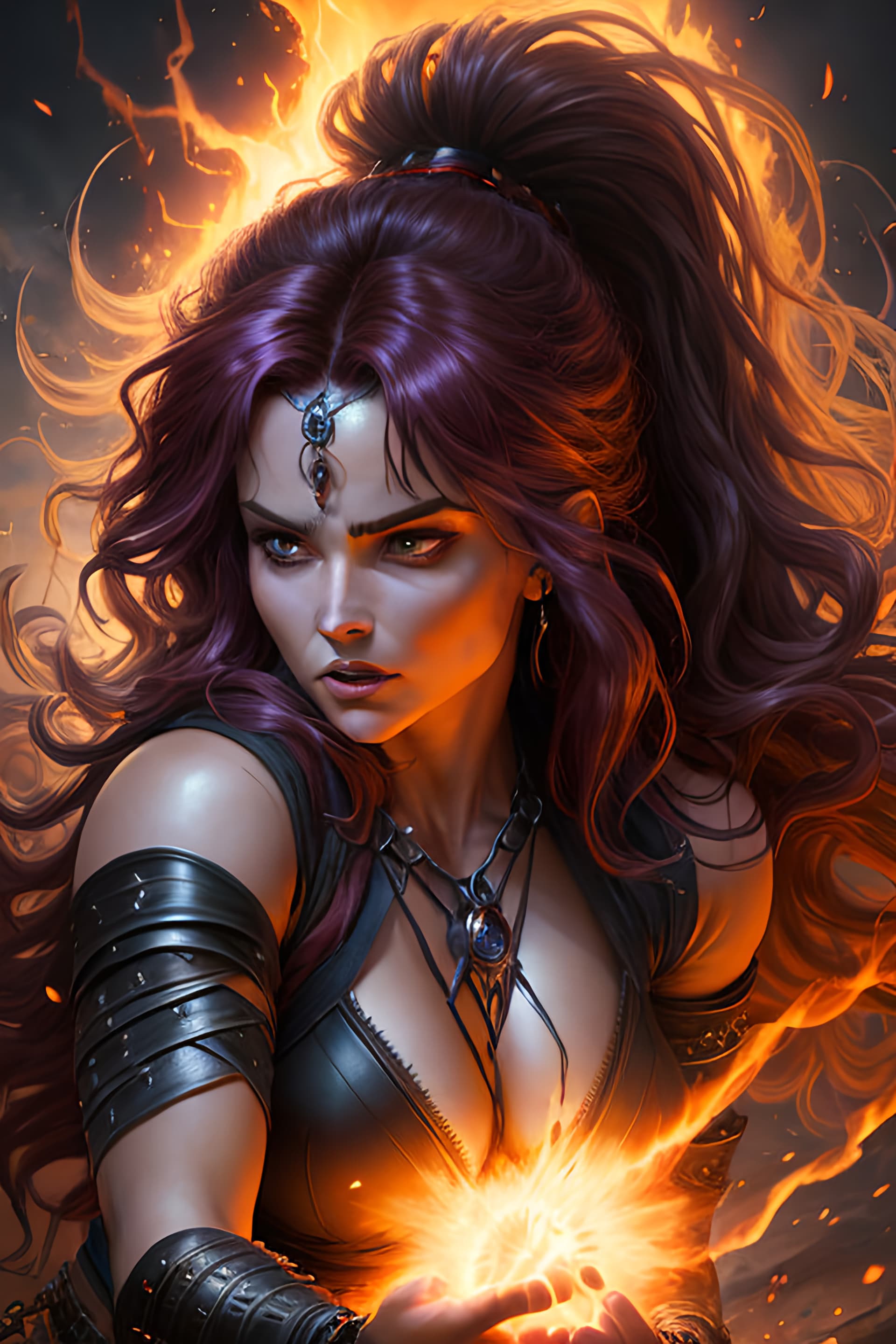 AI generated: A fierce warrior in a battle pose, bound by flames, log wavy purple hair, ultra realistic lighting, ...