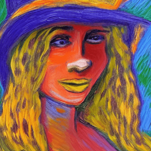 AI generated: expressionist painting, face of woman, sunflower hat, texture, 4k, focused, extreme details, art by ...