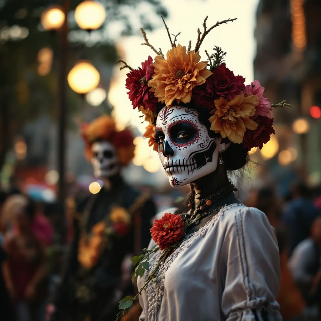 AI generated: Dias de los Muertos Parade in Mexico City, high-resolution photography, ultra-realistic --ar 1:2 --s...