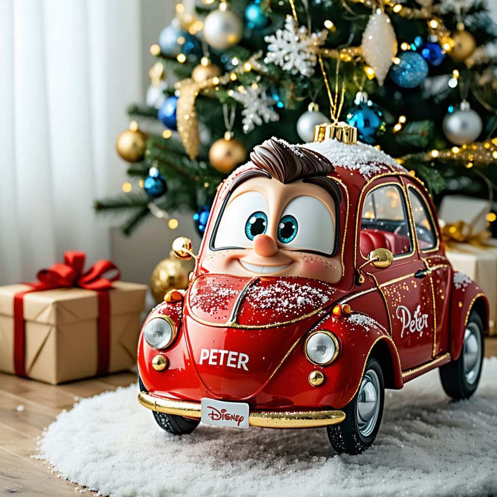 AI generated: Medium shot. Christmas tree in the room. Disney-style Christmas decoration, Pixar hangs on the branc...