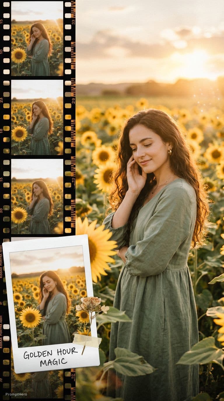AI generated: Young woman with long dark wavy hair in a sunflower field during golden hour. She wears a sage green...