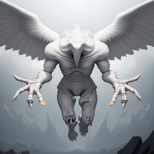 AI generated:  high quality foto of a white dangerous enormous without eyes and wings, long fingers and broken bon...