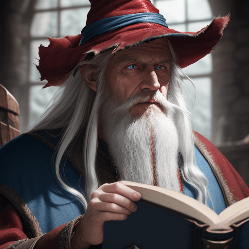 AI generated: award winning waist up photo of a rugged fantasy wizard, 8K, red wizard, hat, wearing torn wizard ro...