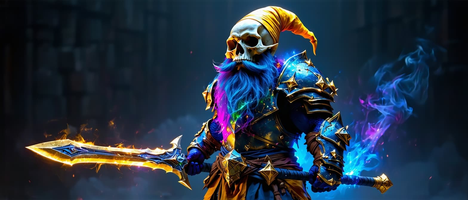 AI generated: 16K UHD, Photorealistic Image of A Vivid Colorized Gnome Biotech Warrior with a Haunted Skull for a ...