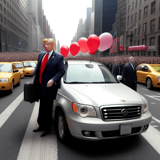 AI generated: Trump arriving in New York in a very small car. The streets are fill with balloons saying My Hero!