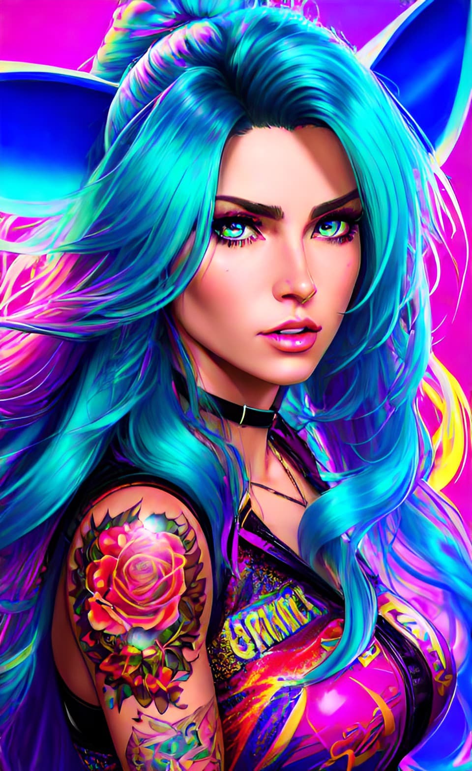 AI generated: Portrait of a beautiful White Punk Rock style athletic female, vivid colorful tattoos, bright Neon B...