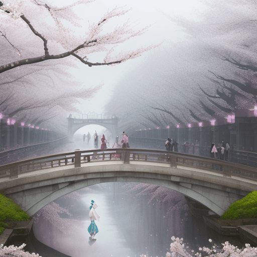 AI generated: two people are walking under a large cherry blossom on the bridge, there are fairies flying in the a...