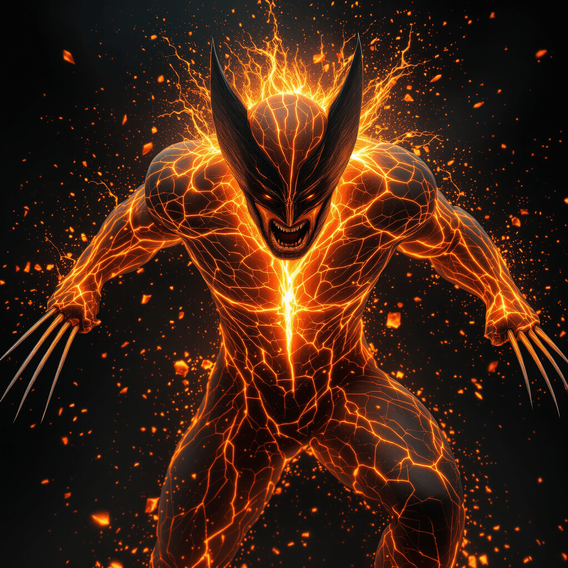 AI generated: A hyperrealistic and dramatic depiction of Wolverine as a god of fire, captured in the midst of a po...